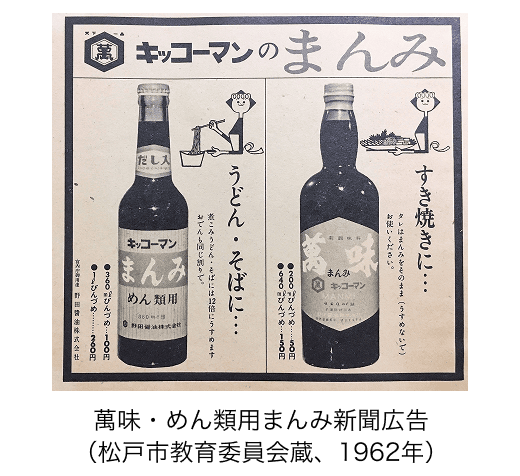 画像：1961年パッケージ 萬味・めん類用まんみ新聞広告（松戸市教育委員会蔵、1962年）