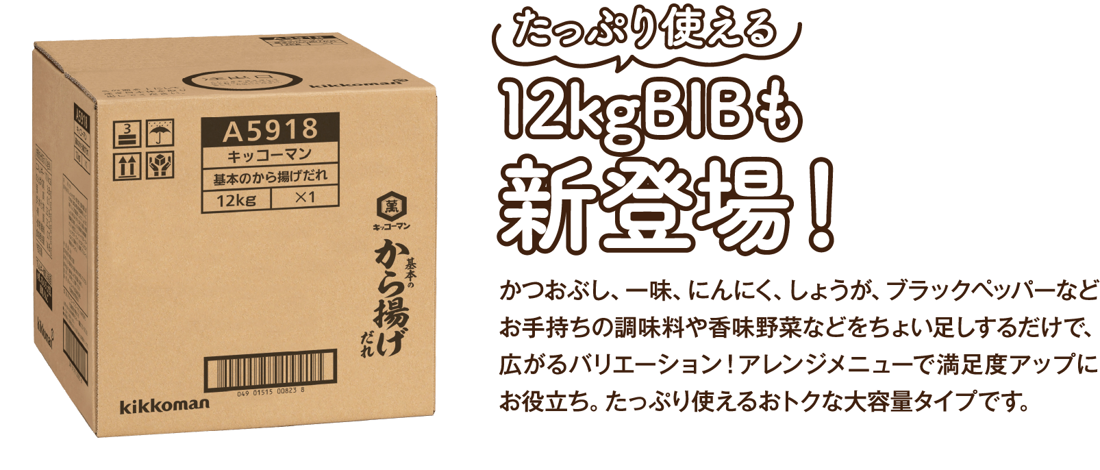 たっぷり使える 12kgBIBも新登場！かつおぶし、一味、にんにく、しょうが、ブラックペッパーなどお手持ちの調味料や香味野菜などをちょい足しするだけで、広がるバリエーション！アレンジメニューで満足度アップにお役立ち。たっぷり使えるおトクな大容量タイプです。