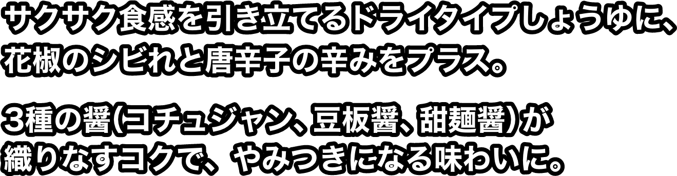 サクサク食感を引き立てるドライタイプしょうゆに、花椒のシビれと唐辛子の辛みをプラス。3種の醤（コチュジャン、豆板醤、甜麺醤）が織りなすコクで、やみつきになる味わいに。