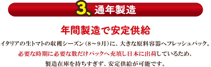 【3.通年製造】年間製造で安定供給。イタリアの生トマトの収穫シーズン（8～9月）に、大きな原料容器へフレッシュパック。必要な時期に必要な数だけパックへ充填し日本に出荷しているため、製造在庫を持ちすぎず、安定供給が可能です。