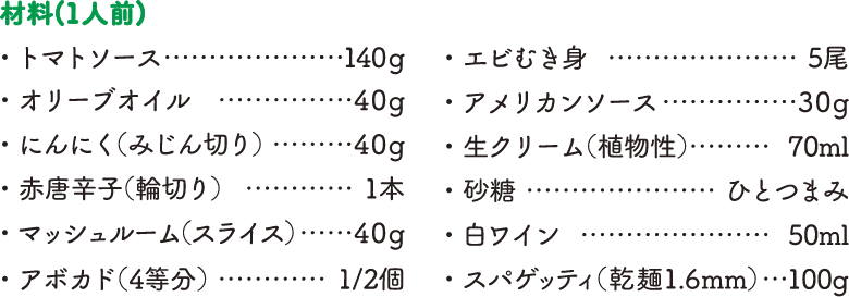 【材料（1人前）】・トマトソース…140g・オリーブオイル…40g・にんにく（みじん切り）…40g・赤唐辛子（輪切り）…1本・マッシュルーム（スライス）…40g・アボカド（4等分）…1/2個・エビむき身…5尾・アメリカンソース…30g・生クリーム（植物性）…70ml・砂糖…ひとつまみ・白ワイン…50ml・スパゲッティ（乾麺1.6mm）…100g