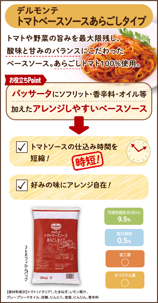 デルモンテ　トマトベースソースあらごしタイプ　トマトの加熱履歴を抑えた濃縮製法でトマトの素材感、凝縮された濃厚感を実現。煮詰め不要。