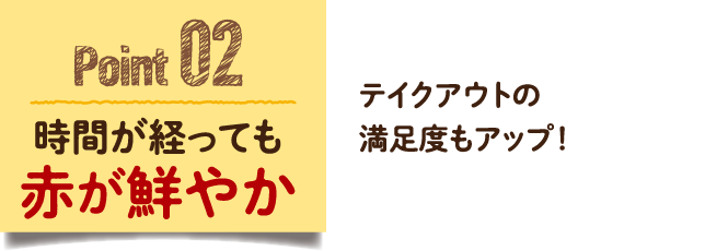 Point 02　時間が経っても赤が鮮やか テイクアウトの満足度もアップ！