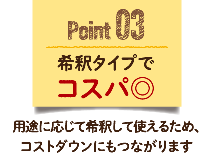 Point 03　希釈タイプでコスパ◎希釈タイプでコスパ◎用途に応じて希釈して使えるため、コストダウンにもつながります