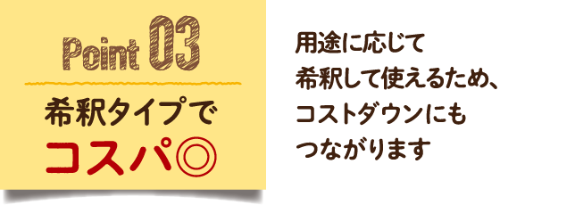 Point 03　希釈タイプでコスパ◎希釈タイプでコスパ◎用途に応じて希釈して使えるため、コストダウンにもつながります