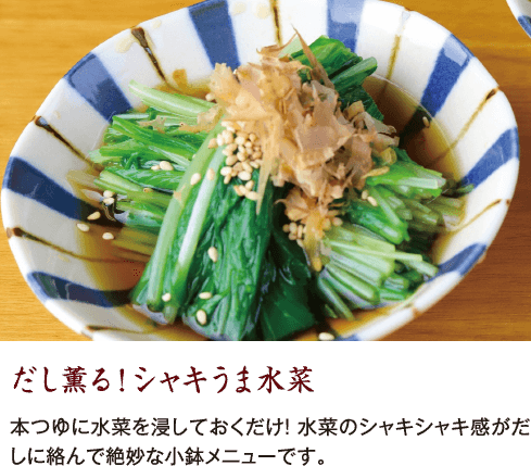 だし薫る！シャキうま水菜 本つゆに水菜を浸しておくだけ！ 水菜のシャキシャキ感がだしに絡んで絶妙な小鉢メニューです。