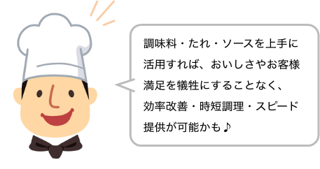 調味料・たれ・ソースを上手に活用すれば、おいしさやお客様満足を犠牲にすることなく、効率改善・時短調理・スピード提供が可能かも♪