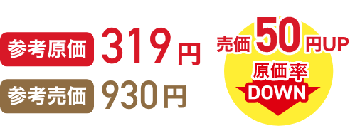 参考原価319円 参考売価930円 売価50円UP 原価率DOWN イメージ