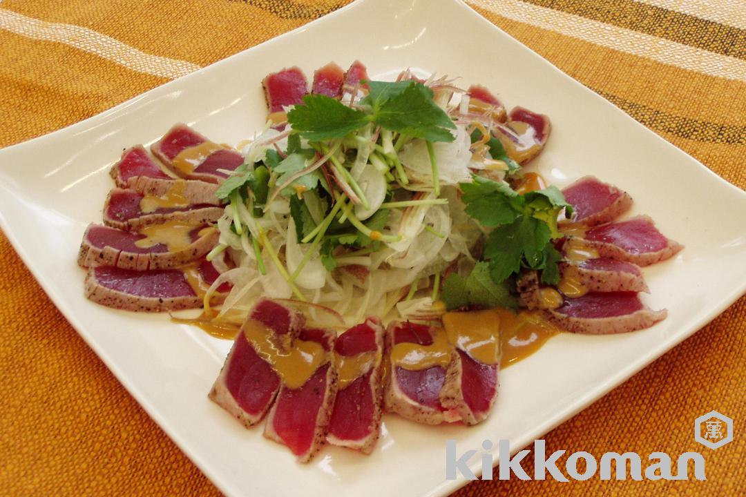 まぐろと香味野菜のオリーブ辛子しょうゆ