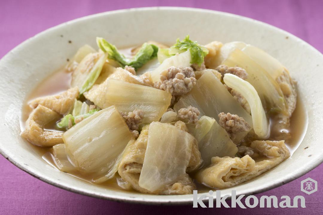 白菜と油揚げと鶏ひき肉の煮物【しみじみおいしい人気の和風甘辛味】