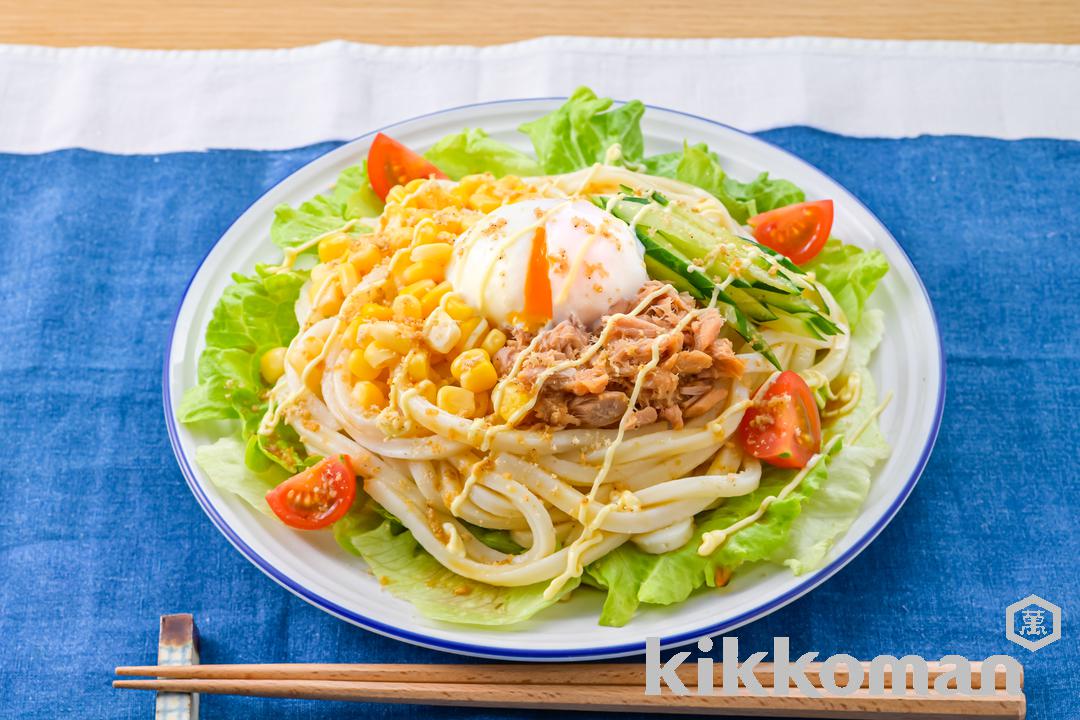 レンジで！コーンとツナのだしたまぶっかけゴマサラダうどん（山本ゆりさん）（旨み広がるだししょうゆ使用）