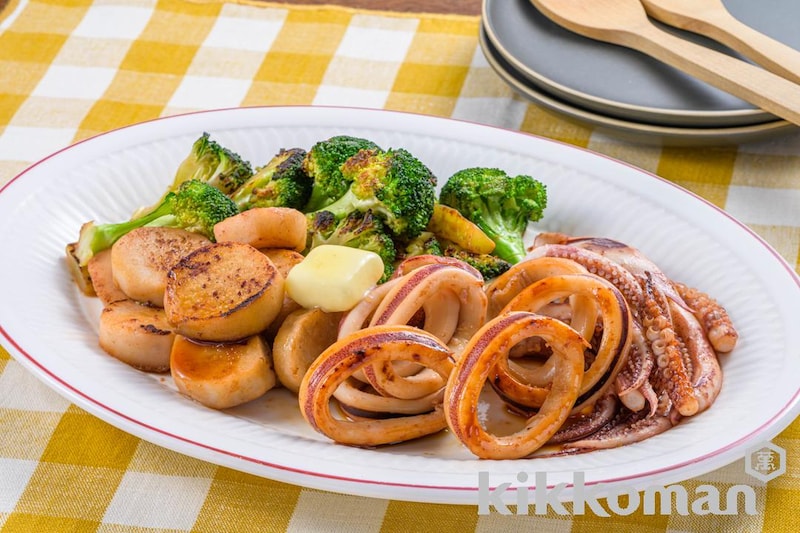 いかと里芋ブロッコリーのしぼ生焼き【味つけは生しょうゆだけ】