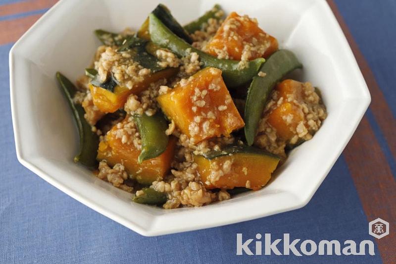 かぼちゃとスナップエンドウのそぼろ煮(あんかけ)