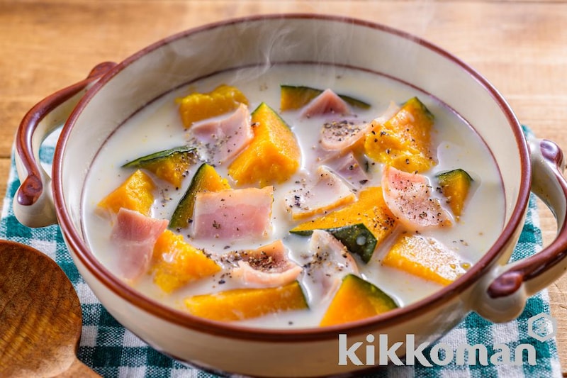 白だしで!ごろごろかぼちゃの豆乳スープ