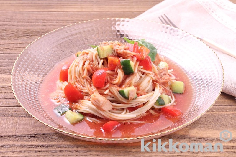 トマトの冷製カッペリーニ風(大豆麺細麺使用)
