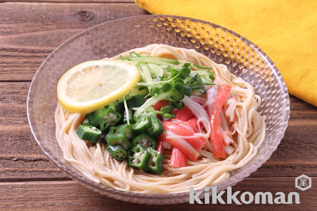 かにかまでたんぱくプラス！冷やし中華風大豆麺（大豆麺細麺使用）