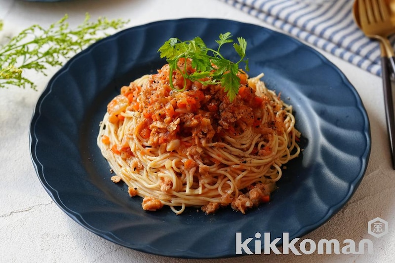 大豆麺と大豆ミートソースの野菜たっぷりパスタ (大豆麺細麺使用)