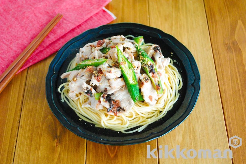 豚しゃぶとオクラの梅そうめん風(大豆麺細麺使用)