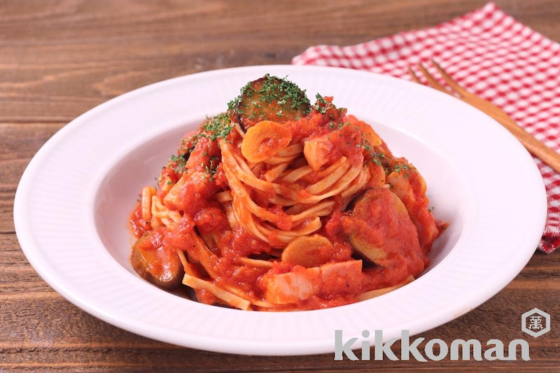 なすとベーコンのトマトパスタ風(大豆麺平麺使用)
