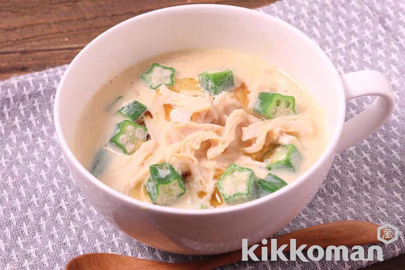 レンジで簡単!鶏と豆乳の中華がゆ風(味わいリッチ減塩しょうゆ使用)