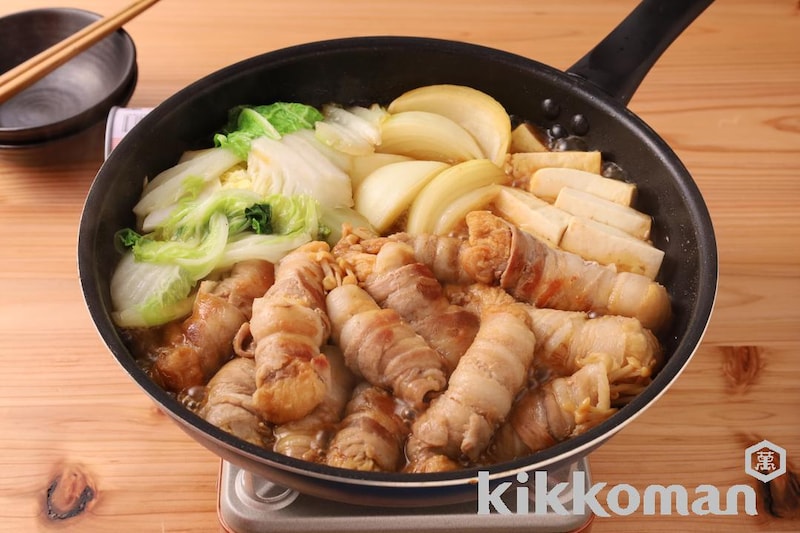 豚バラ肉巻き麩の甘辛おかず鍋