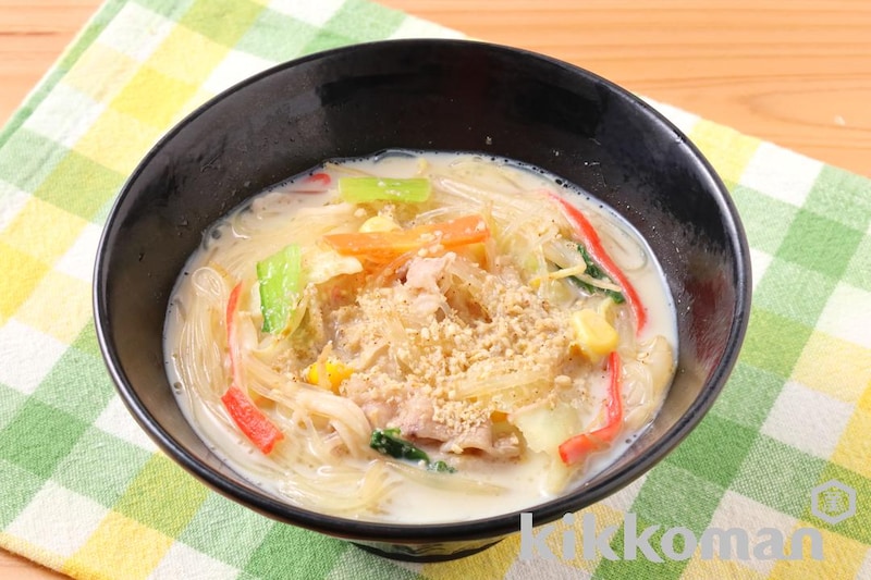 レンジで簡単!豆乳ちゃんぽん風春雨スープ(すっきりClear by減塩しょうゆ使用)