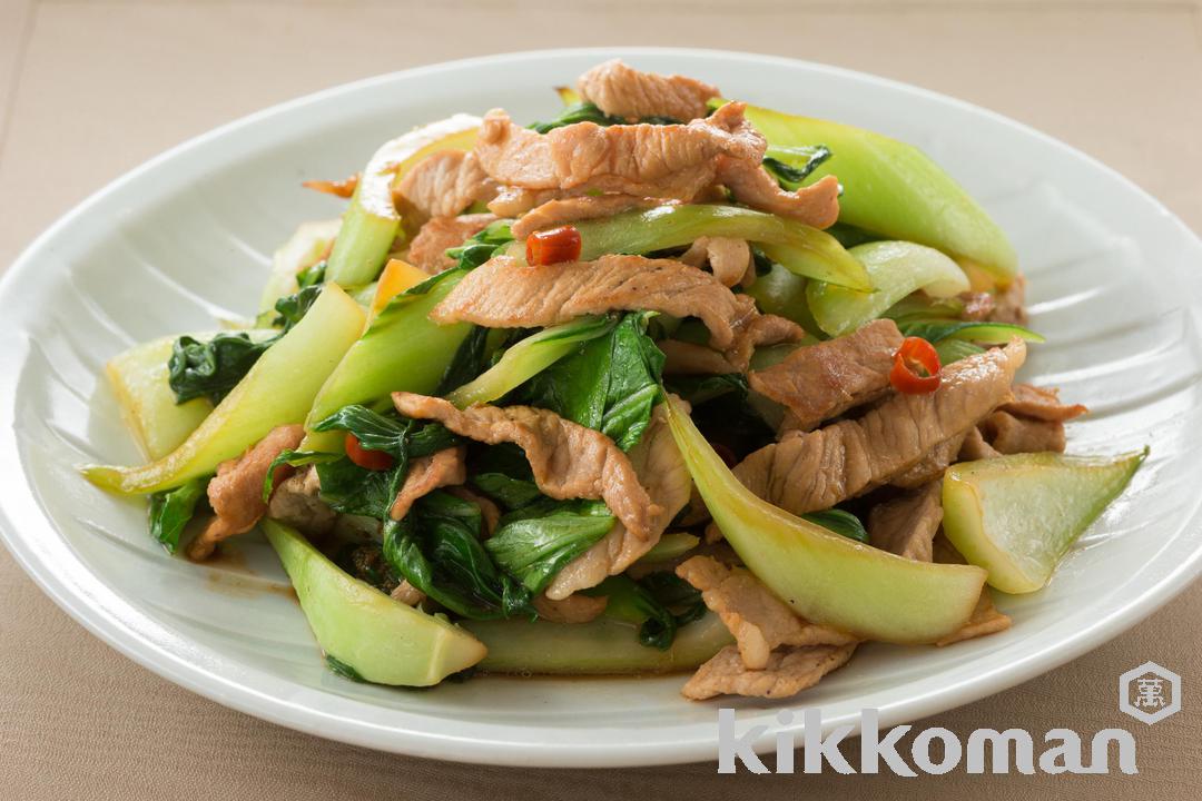 写真：チンゲン菜と豚肉の中華風ピリ辛炒め