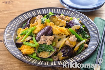 豚こま肉となすと小松菜のふんわり卵炒め デイリー人気おかず のレシピ つくり方 キッコーマン ホームクッキング