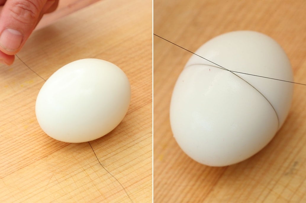 糸や包丁でゆで卵を切る：1