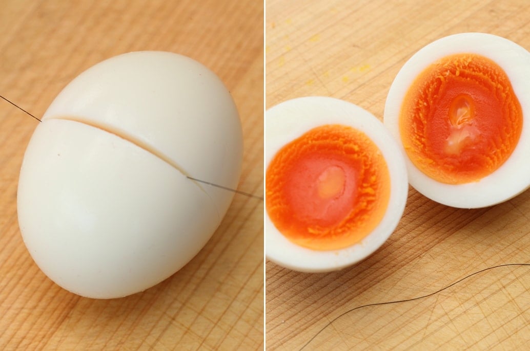 糸や包丁でゆで卵を切る：2