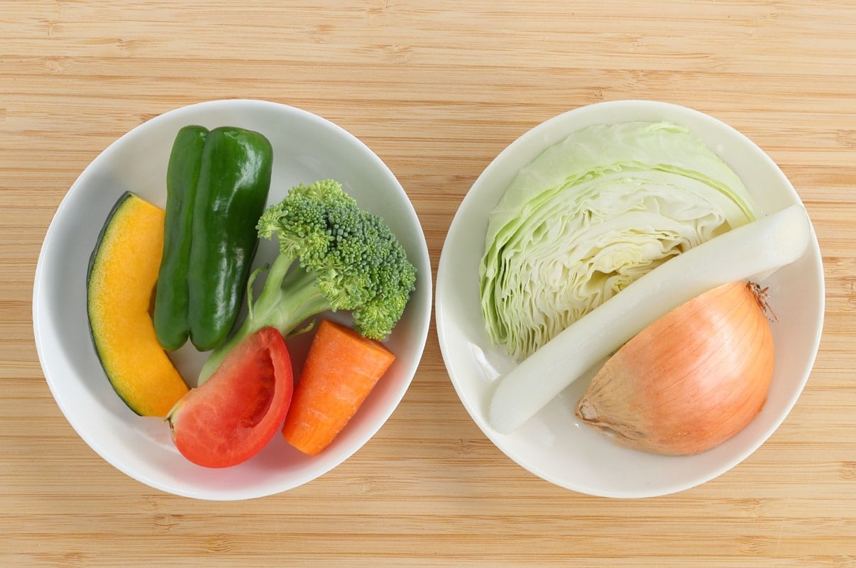 実際に測ってみた野菜350gを、緑黄色野菜と淡色野菜に分けたイメージ