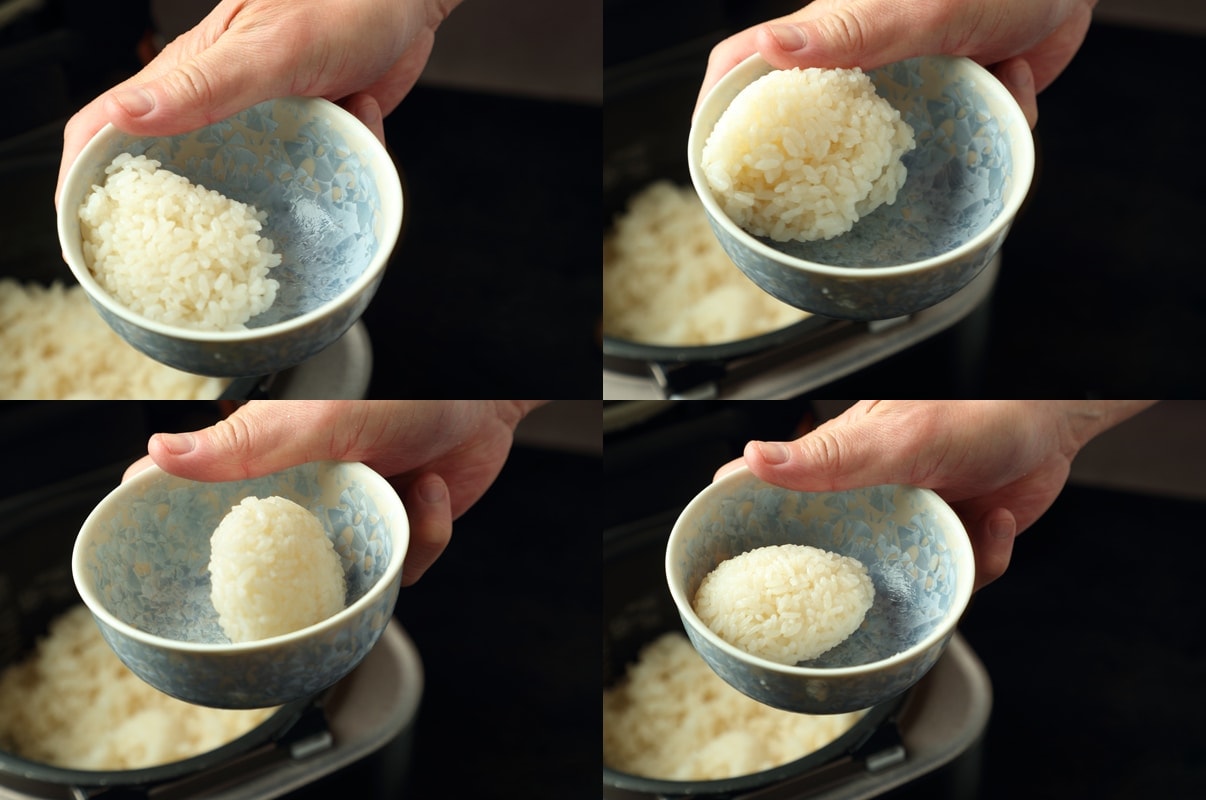 手順1：ご飯を丸くまとめる（茶碗を揺すっているうちに、お米が自然にまとまってくる）