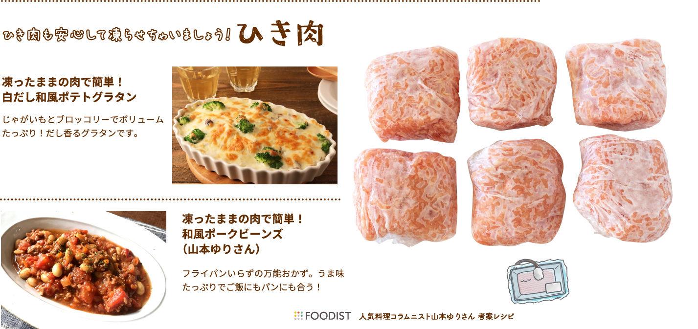 ひき肉も安心して凍らせちゃいましょう！ひき肉 凍ったままの肉で簡単！
											白だし和風ポテトグラタン じゃがいもとブロッコリーでボリュームたっぷり！だし香るグラタンです。凍ったままの肉で簡単！
											和風ポークビーンズ(山本ゆりさん）フライパンいらずの万能おかず。うま味たっぷりでご飯にもパンにも合う！