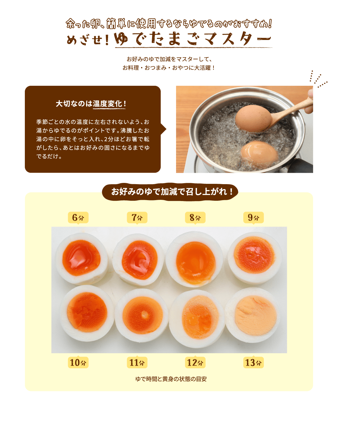余った卵、簡単に使用するならゆでるのがおすすめ！めざせ！ゆでたまごマスターお好みのゆで加減をマスターして、
												お料理・おつまみ・おやつに大活躍！大切なのは温度変化！​季節ごとの水の温度に左右されないよう、お湯からゆでるのがポイントです。沸騰したお湯の中に卵をそっと入れ、2分ほどお箸で転がしたら、あとはお好みの固さになるまでゆでるだけ。​
