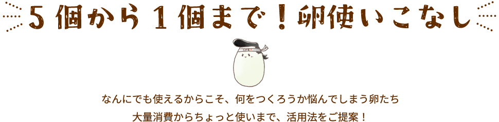 5個から1個まで！卵使いこなしなんにでも使えるからこそ、何をつくろうか悩んでしまう卵たち
											大量消費からちょっと使いまで、活用法をご提案！