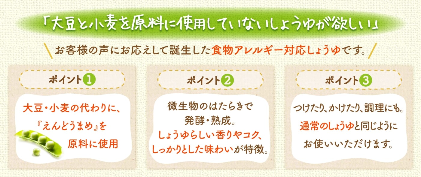 「大豆と小麦を原料に使用していないしょうゆが欲しい」お客様の声にお応えして誕生した食物アレルギー対応しょうゆです。