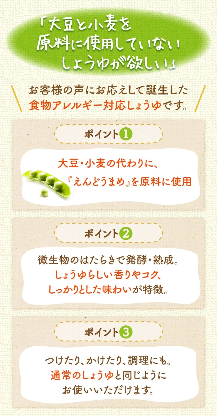 「大豆と小麦を原料に使用していないしょうゆが欲しい」お客様の声にお応えして誕生した食物アレルギー対応しょうゆです。