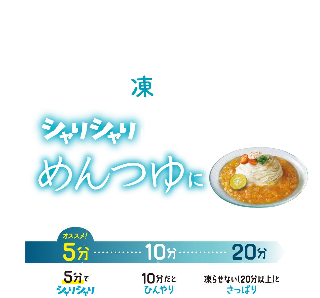 そうめんの食べ方に新提案！つゆを袋のまま冷凍庫で8時間凍らせると、シャリシャリしたシャーベット状のめんつゆに。冷蔵庫から出して5分でシャリシャリ（オススメ）、10分だとひんやり、凍らせない（20分以上）とさっぱり