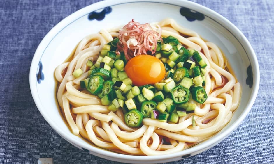 オクラなすきゅうりのめんみ混ぜうどん